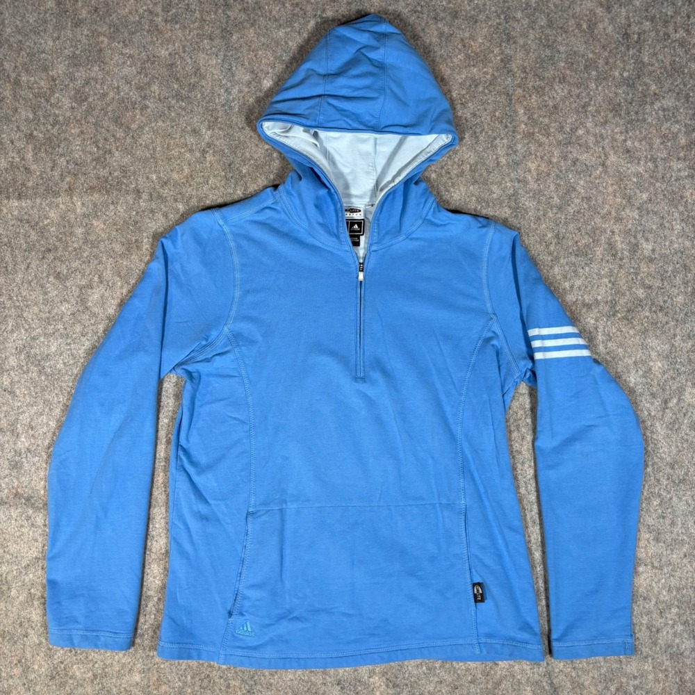Adidas Hoodie Womens L Blue Climalite Stretch 1/4 Zip 3-Stripe Active Pullover